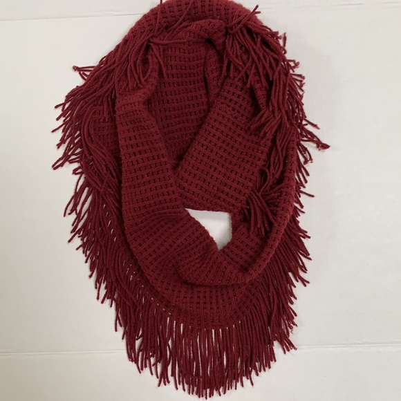 Accessories - Waffle Knit Maroon Fringe Infinity Scarf